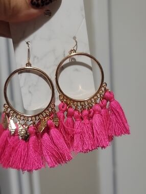 Gold Hoop Earrings with Hot Pink Tassels - Women's Fashion Jewelry